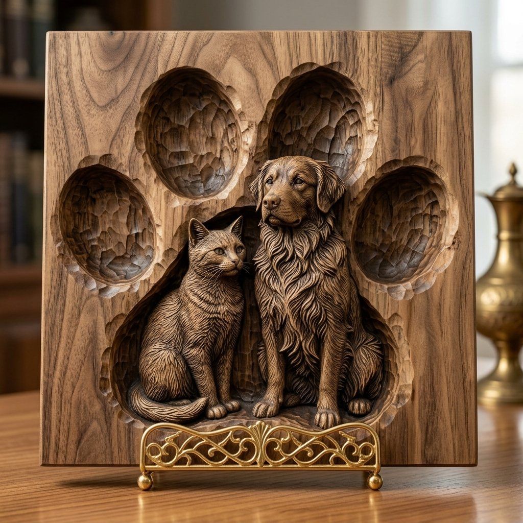 Golden Retriever and Cat Paw Print CNC Relief STL bas-relief STL — view 3
