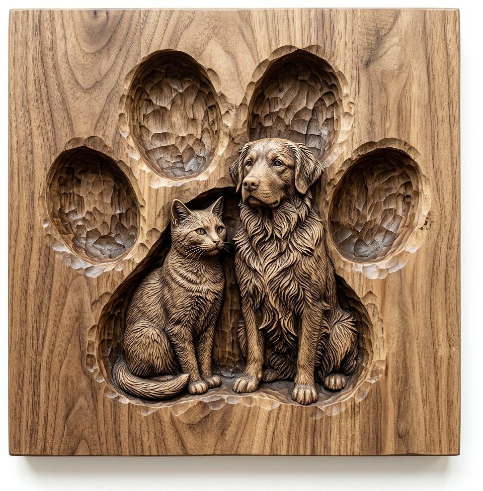 Golden Retriever and Cat Paw Print CNC Relief STL bas-relief STL — view 14