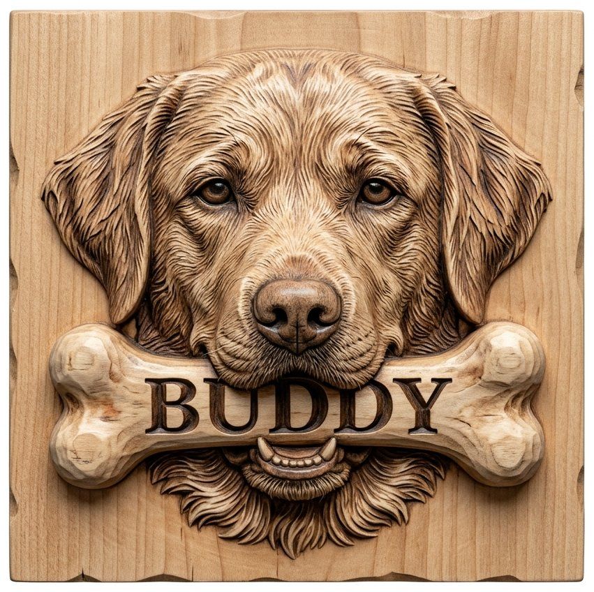 Golden Retriever Dog Bone Personalized Pet Art CNC Relief STL | Labrador Wood Carving Decor | Custom Animal Memorial Wall Panel — carved bas relief STL file for CNC