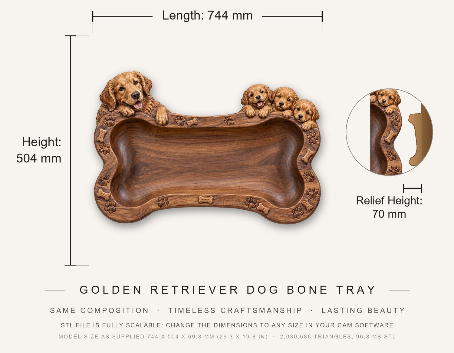 Golden Retriever Dog Bone Tray CNC Relief STL | Puppy Wood Carving Des