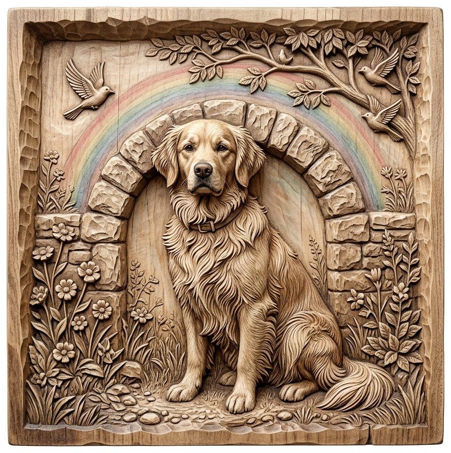 Golden Retriever Dog Memorial Wall Art | Rainbow Bridge Pet Decor Panel | Rustic Wood Carving Design | CNC Router Woodworking Project — carved bas relief STL file for CNC