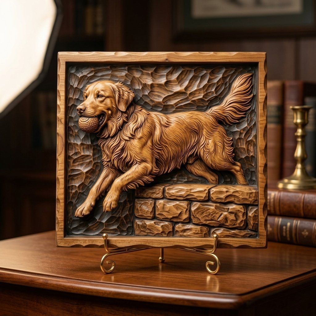 Golden Retriever Dog Running with Ball CNC Relief STL bas-relief STL — view 3