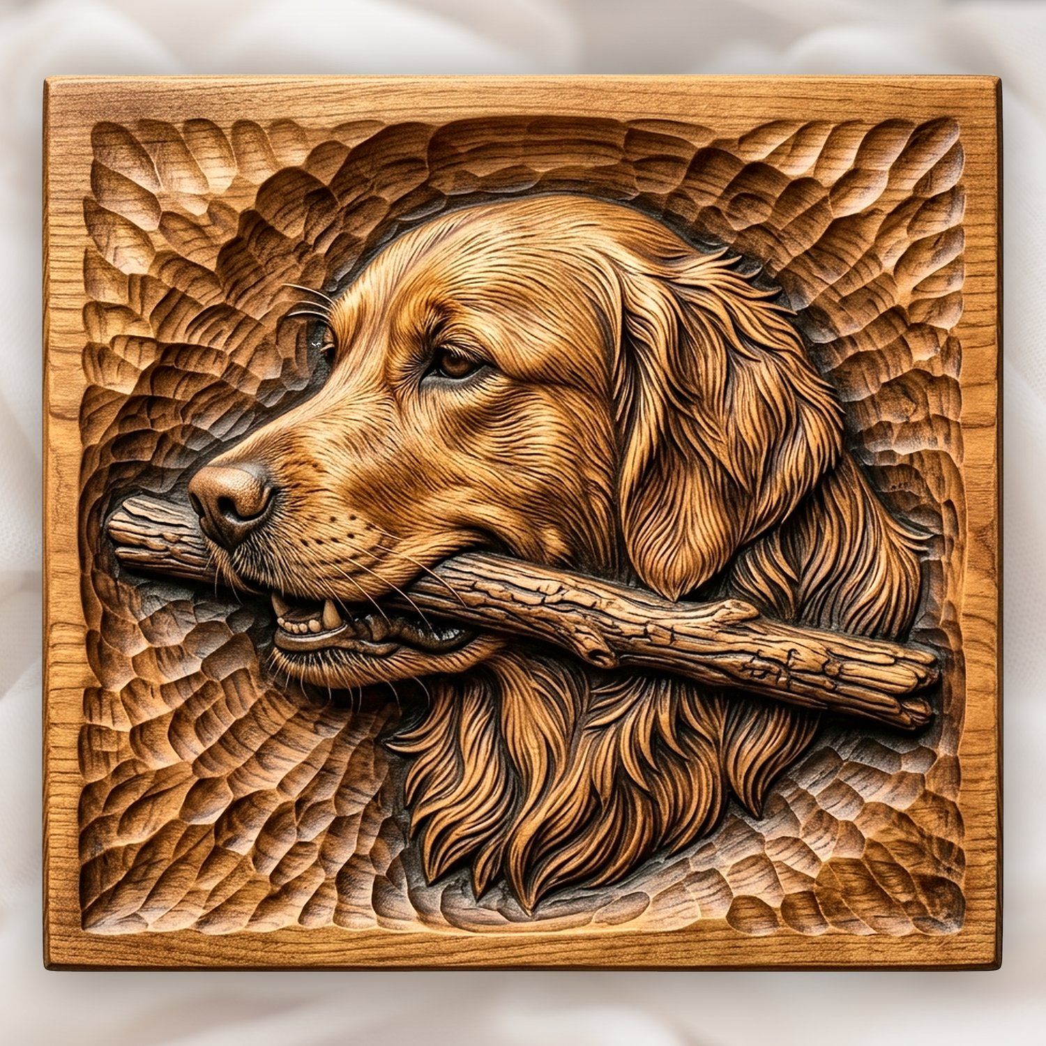 Golden Retriever Dog with Stick CNC Relief STL bas-relief STL design