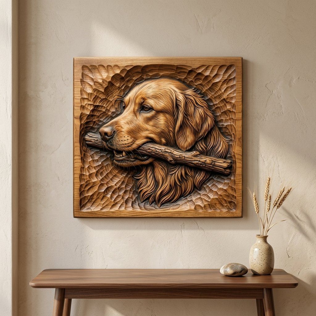 Golden Retriever Dog with Stick CNC Relief STL bas-relief STL — view 13