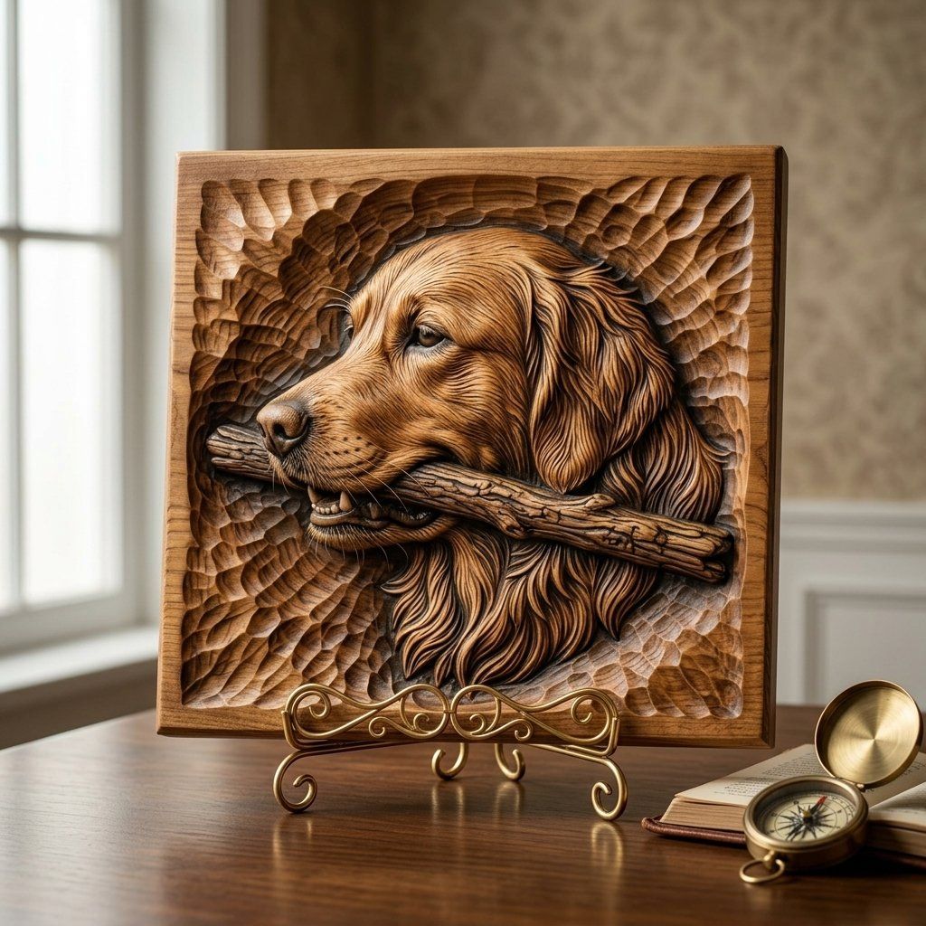 Golden Retriever Dog with Stick CNC Relief STL bas-relief STL — view 6