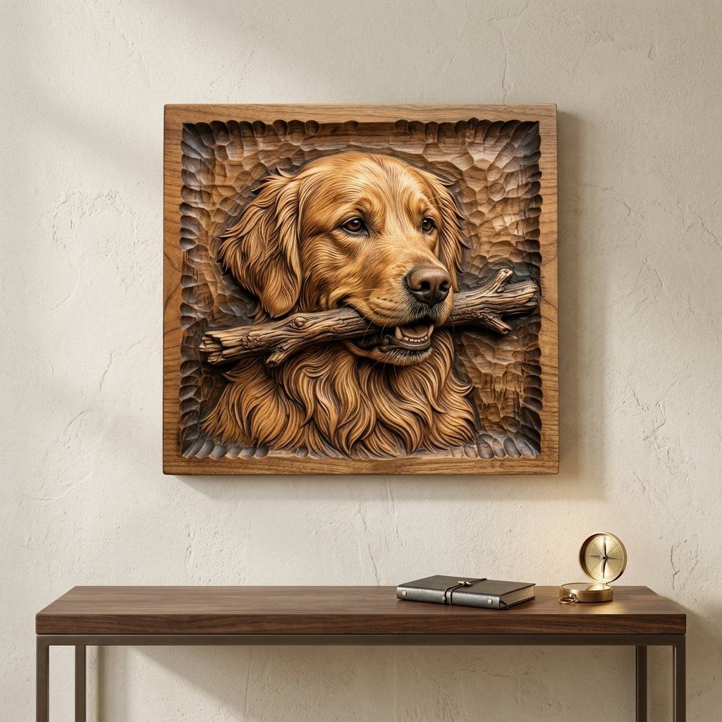 Golden Retriever Dog With Stick CNC Relief STL bas-relief STL — view 13
