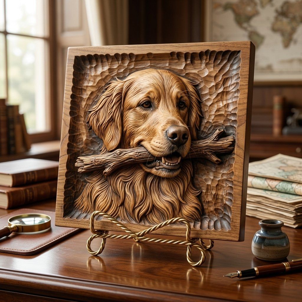 Golden Retriever Dog With Stick CNC Relief STL bas-relief STL — view 3