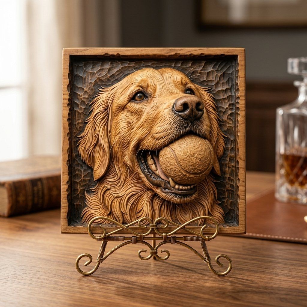 Golden Retriever Dog with Tennis Ball CNC Relief STL bas-relief STL — view 3