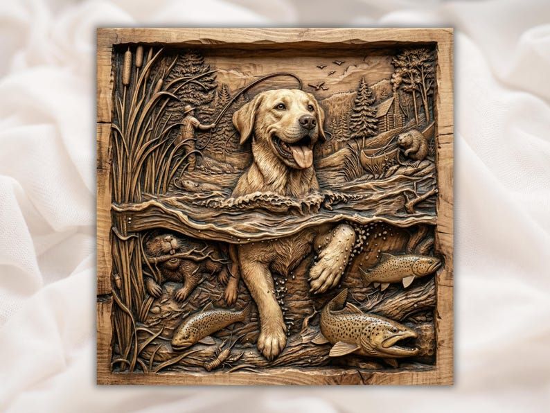 Bas-relief carving of a golden retriever wading a river with trout, cattails, pines, and a beaver