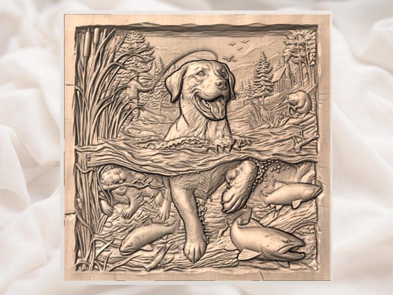 Golden Retriever and Trout River Scene Bas-Relief STL bas-relief STL — view 2