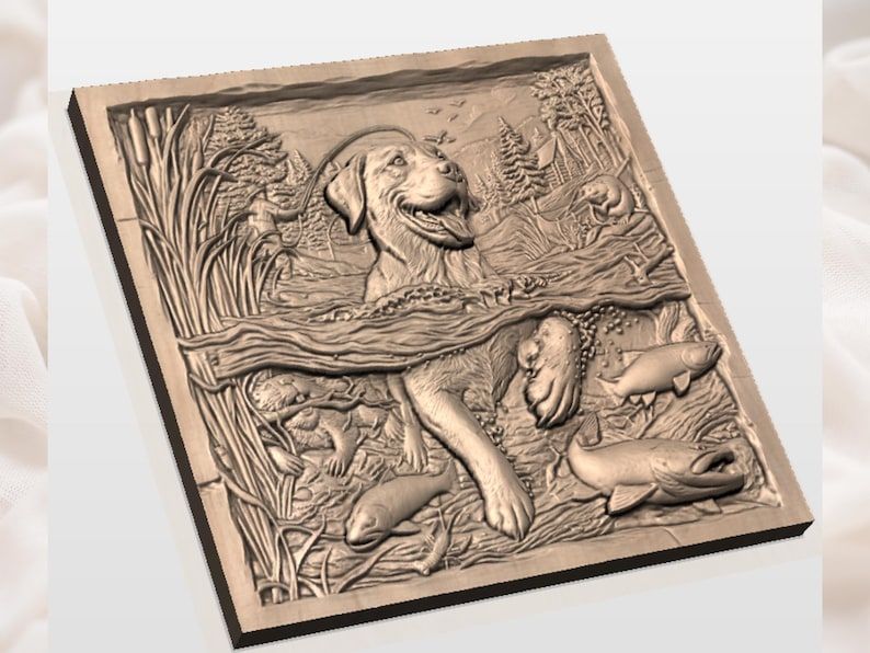 Golden Retriever and Trout River Scene Bas-Relief STL bas-relief STL — view 3