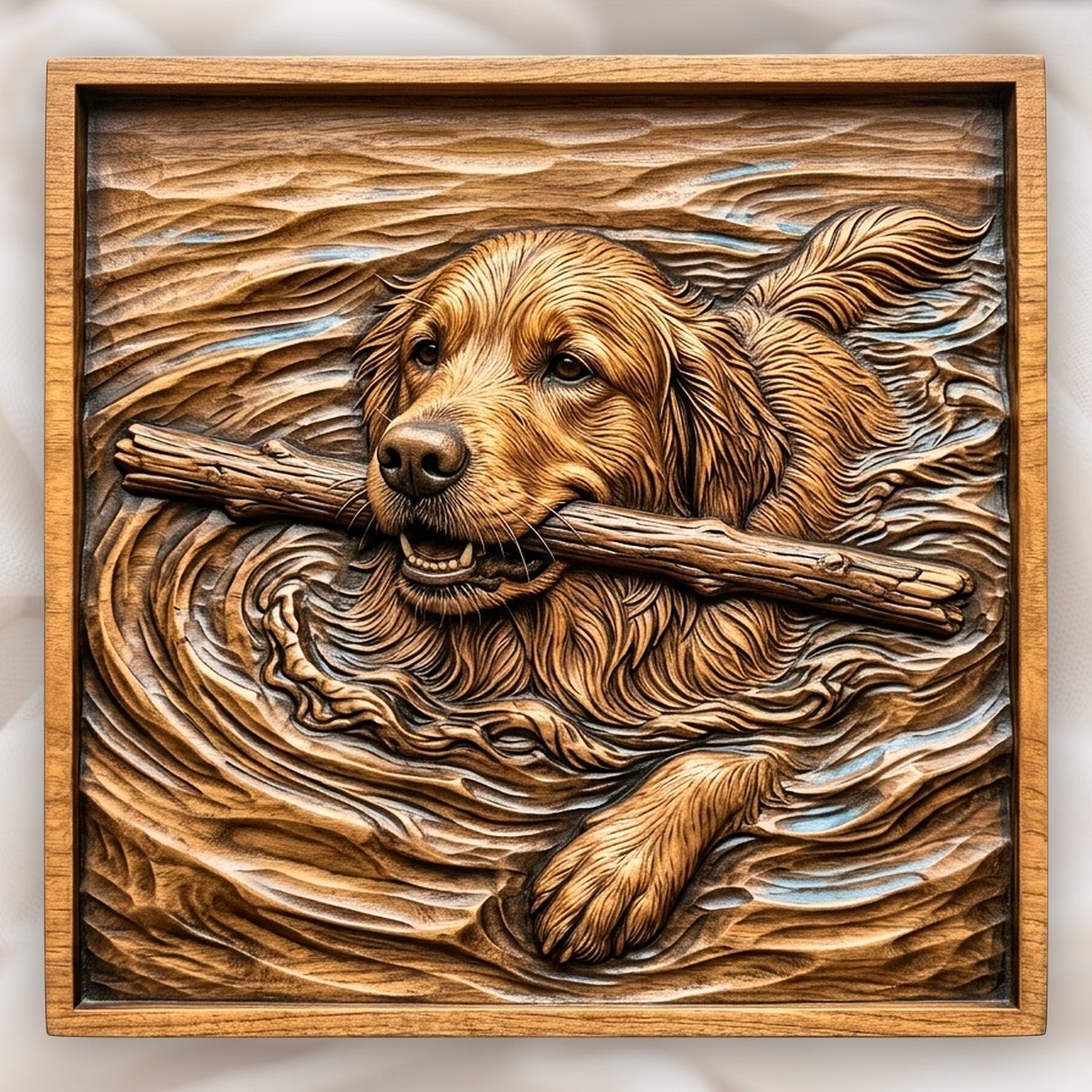 Golden Retriever Swimming with Stick CNC Relief STL bas-relief STL design