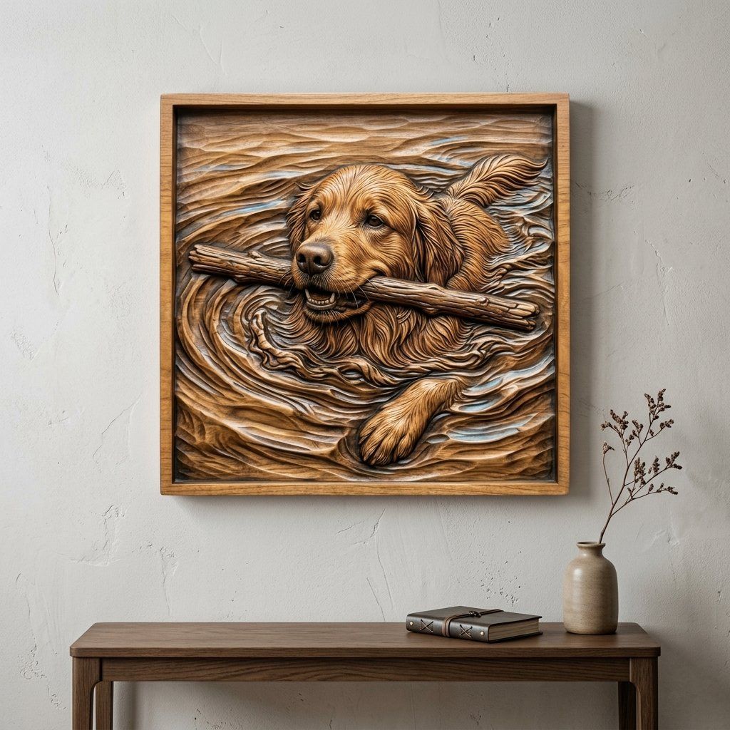 Golden Retriever Swimming with Stick CNC Relief STL bas-relief STL — view 13