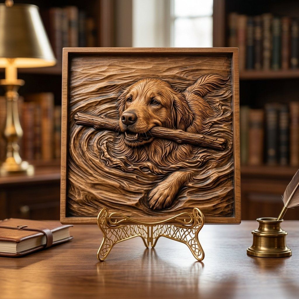 Golden Retriever Swimming with Stick CNC Relief STL bas-relief STL — view 3