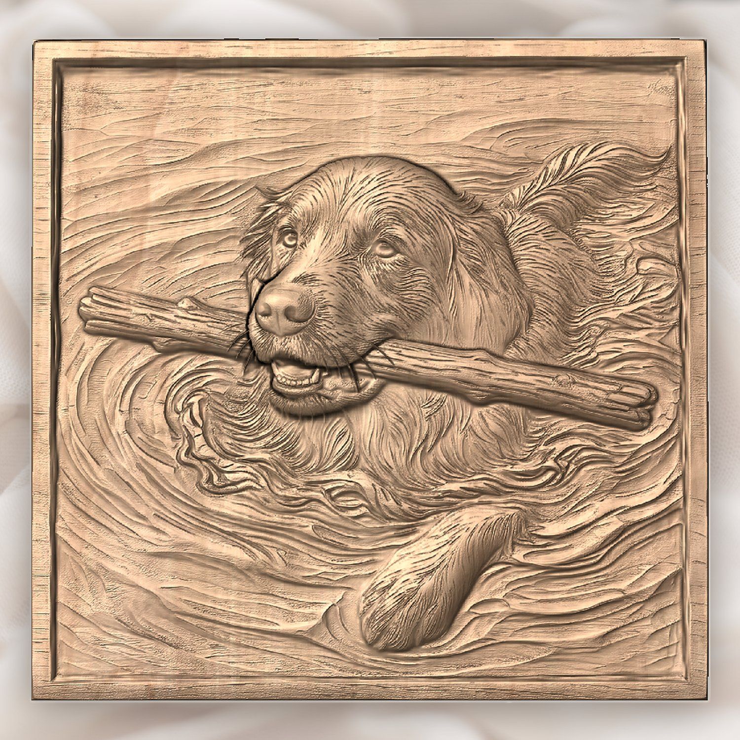 Golden Retriever Swimming with Stick CNC Relief STL bas-relief STL — view 4