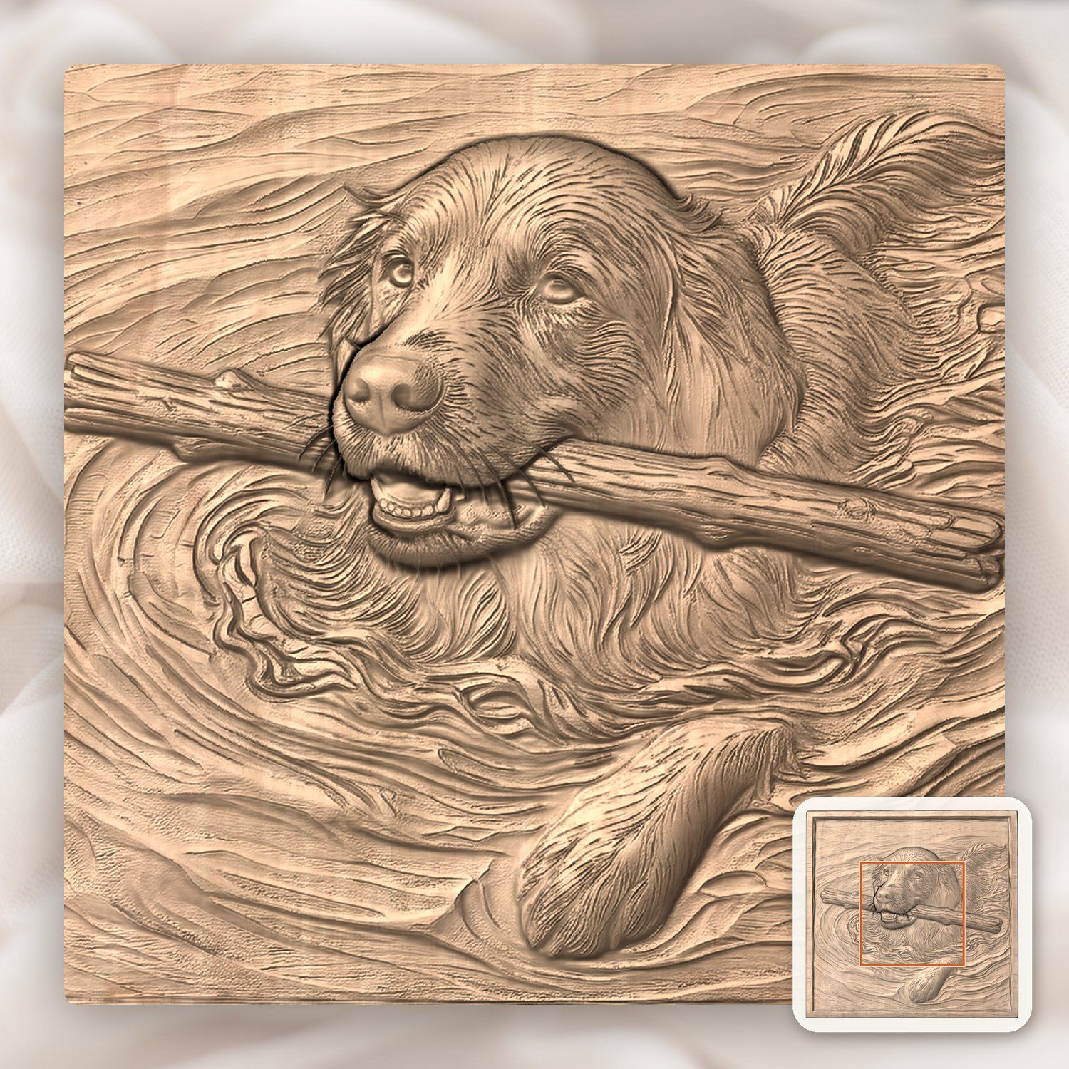 Golden Retriever Swimming with Stick CNC Relief STL bas-relief STL — view 6