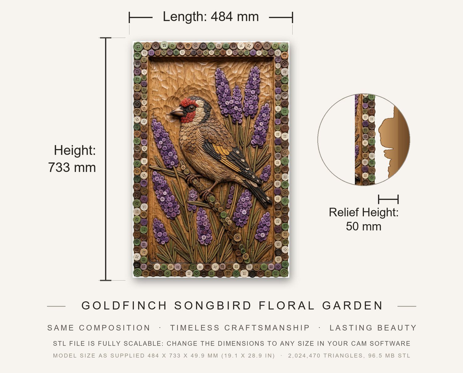 Goldfinch Songbird Floral Garden CNC Relief STL bas-relief STL — view 3