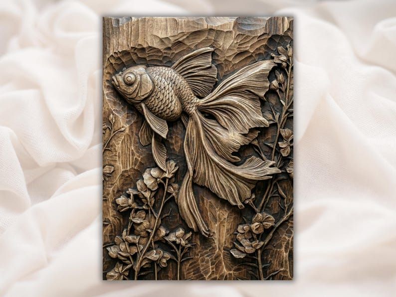 Carved wood bas-relief of a goldfish with long flowing fins surrounded by wildflowers and leaves