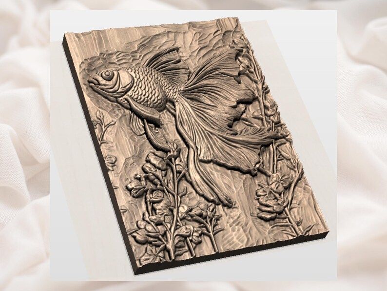 Flowing-Fin Goldfish Bas-Relief STL with Wildflowers bas-relief STL — view 2