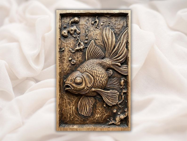 Carved wood bas-relief of a goldfish with flowing fins and textured scales over rippled water in a framed panel.