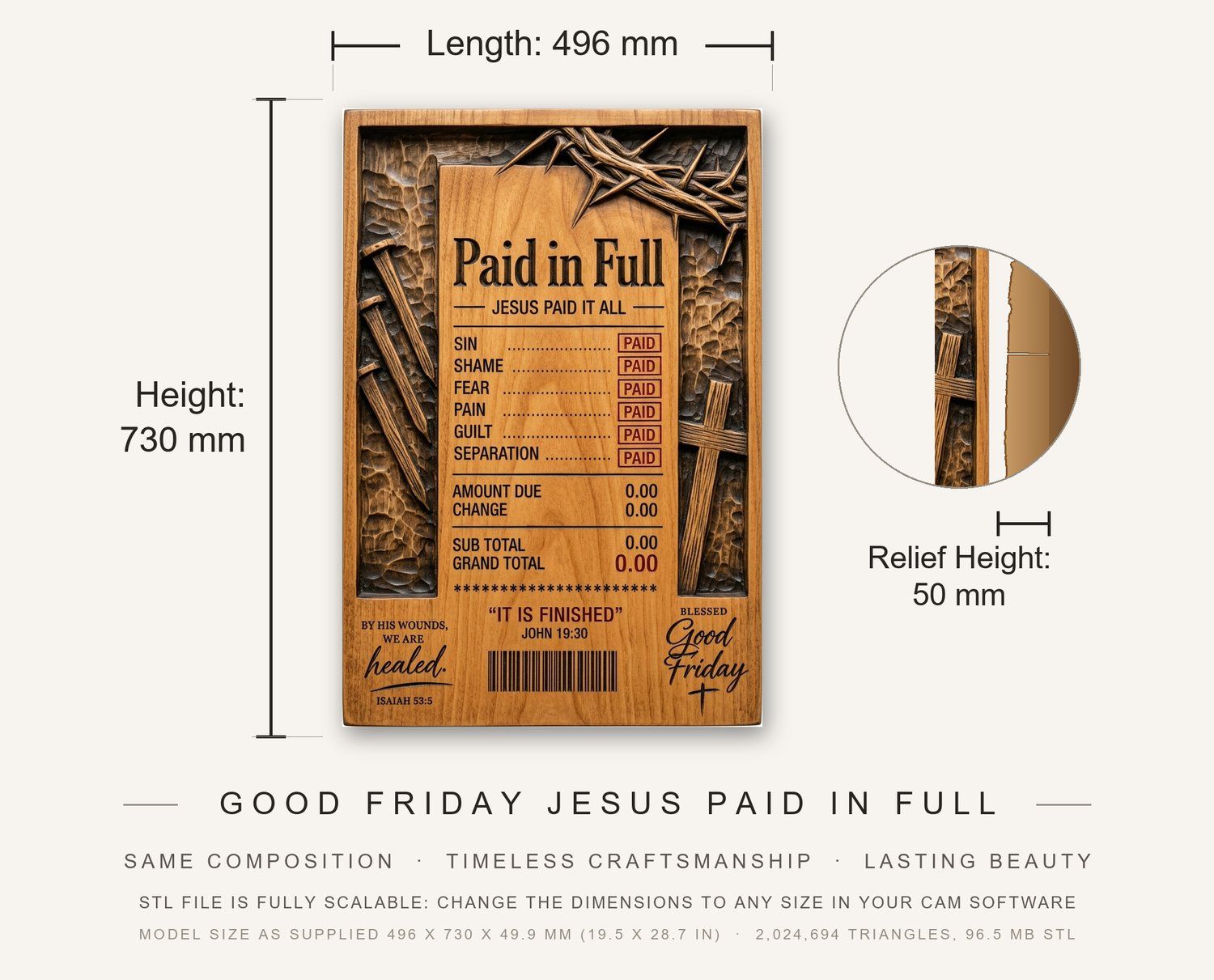 Good Friday Jesus Paid In Full CNC Relief STL bas-relief STL — view 3