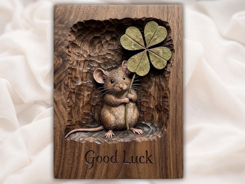 Carved wood relief of a mouse holding a four leaf clover above the words Good Luck