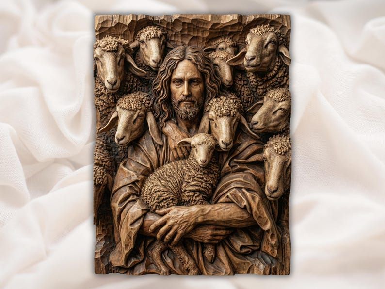 Carved relief of the Good Shepherd holding a lamb, surrounded by sheep with detailed wool and robe folds.