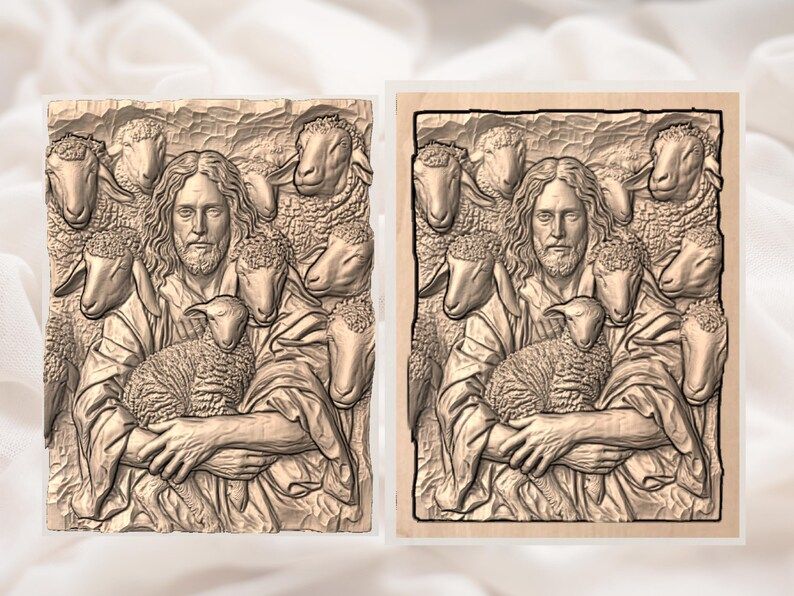 Good Shepherd Holding a Lamb Among His Flock Relief STL bas-relief STL — view 2