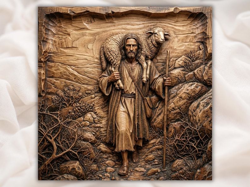 Carved wood relief of the Good Shepherd carrying a lamb on his shoulders, holding a staff on a rocky path