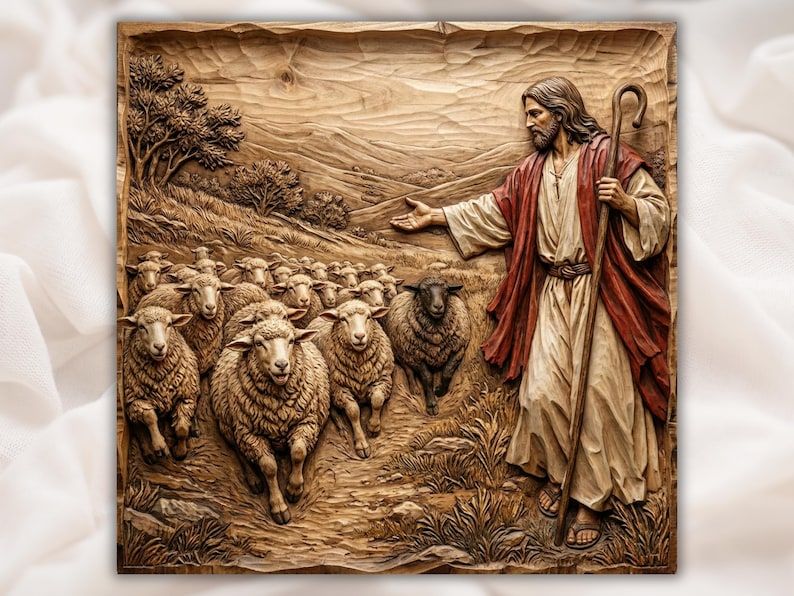 Carved wood bas-relief of Jesus the Good Shepherd reaching toward a flock of sheep on a hillside path