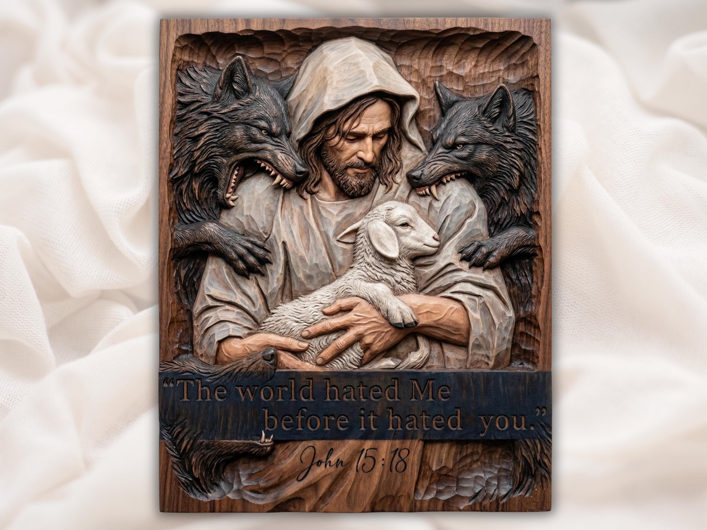Bas-relief of a hooded Jesus holding a lamb while two snarling wolves flank him, with John 15:18 carved below.