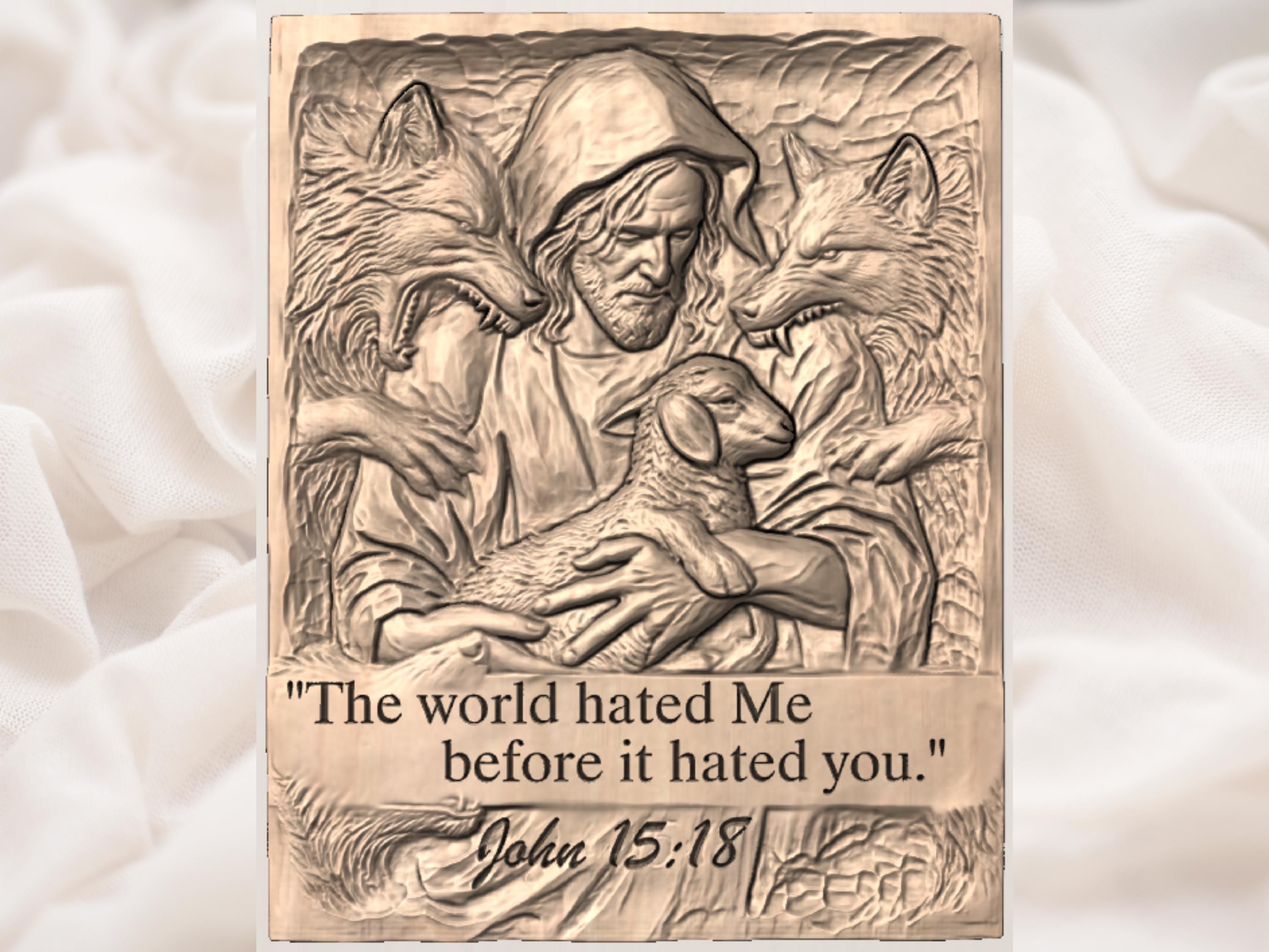 Hooded Christ Shielding a Lamb from Wolves, John 15:18 Relief bas-relief STL — view 2