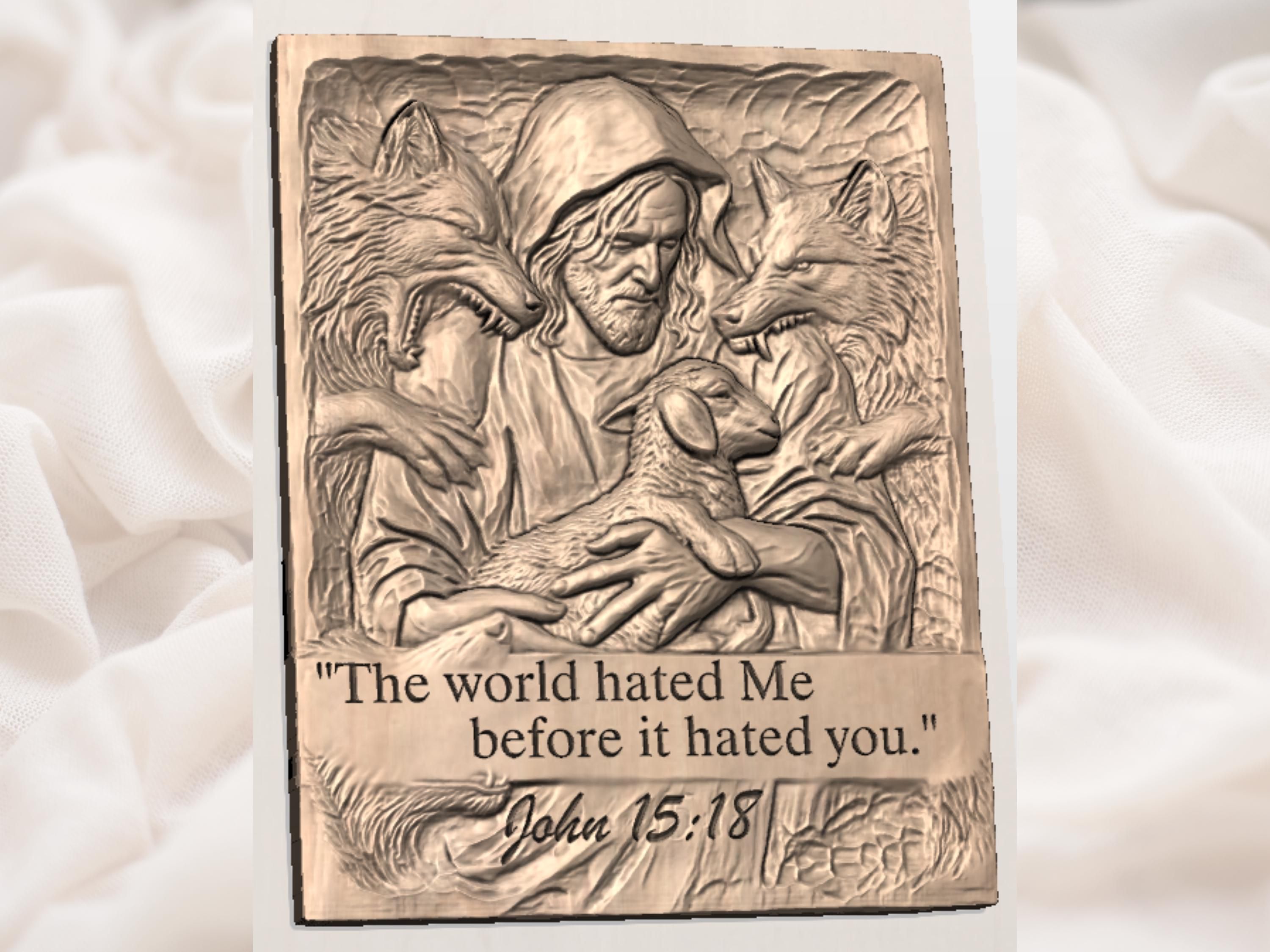 Hooded Christ Shielding a Lamb from Wolves, John 15:18 Relief bas-relief STL — view 3