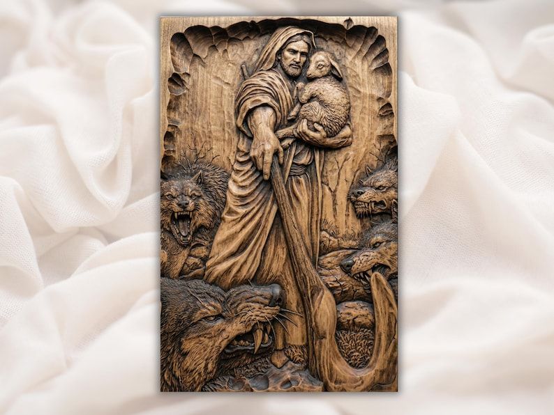 Wood relief carving of a shepherd holding a lamb while surrounded by snarling wolves