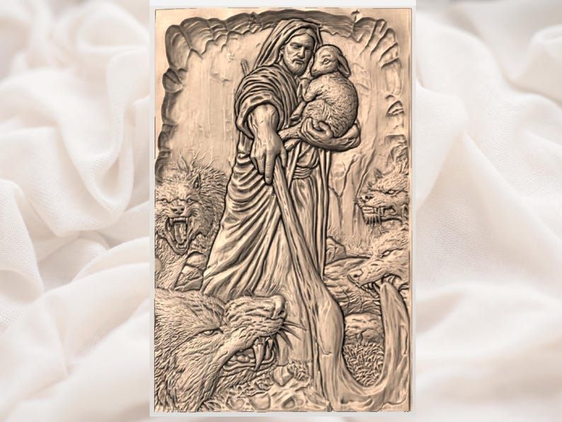 Good Shepherd Cradling a Lamb Among Wolves Relief STL bas-relief STL — view 2