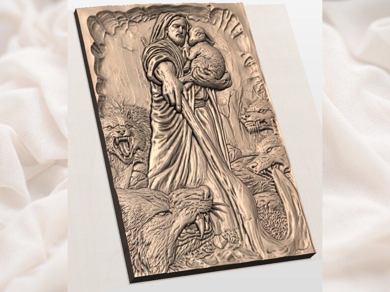 Good Shepherd Cradling a Lamb Among Wolves Relief STL bas-relief STL — view 3