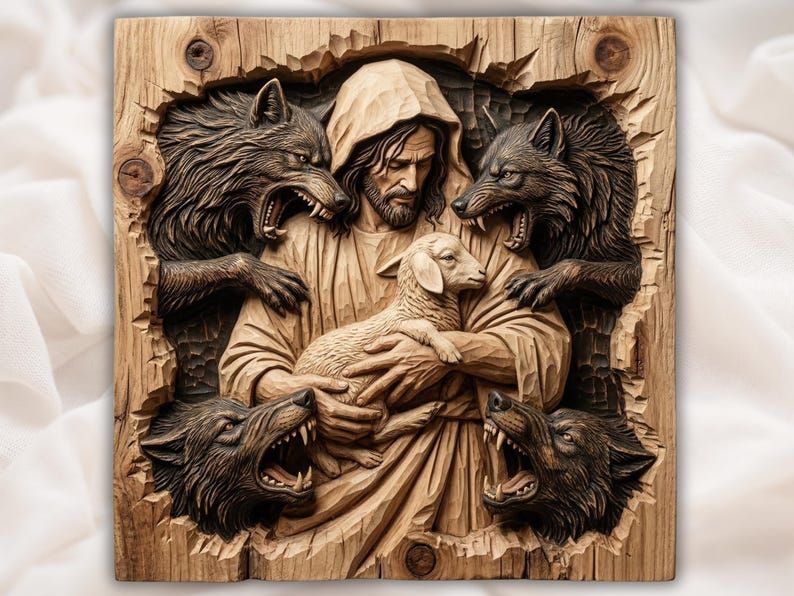 Wood relief of a hooded shepherd cradling a lamb while four snarling wolves surround him in a cracked frame