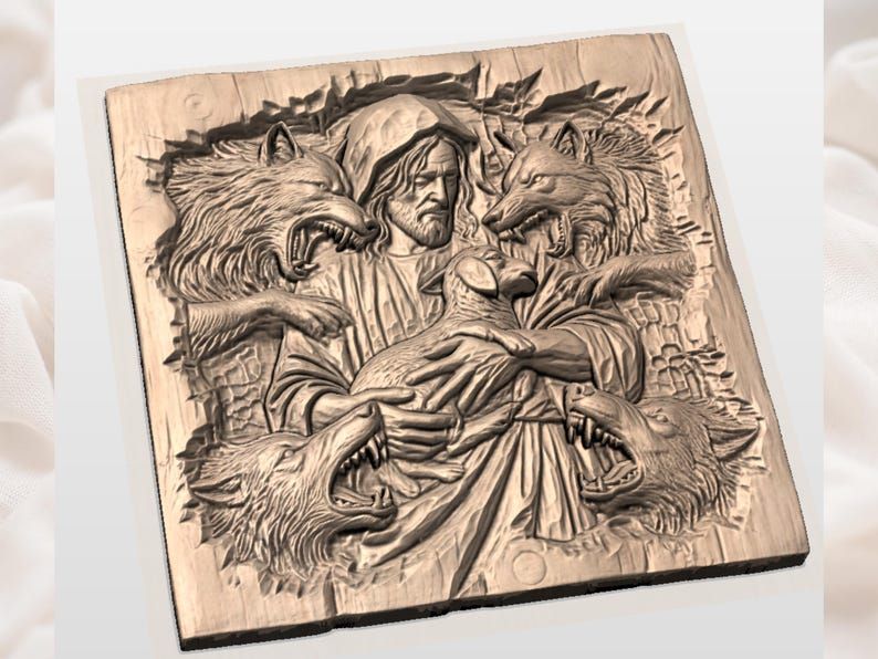 Good Shepherd Cradling a Lamb Among Snarling Wolves STL bas-relief STL — view 2