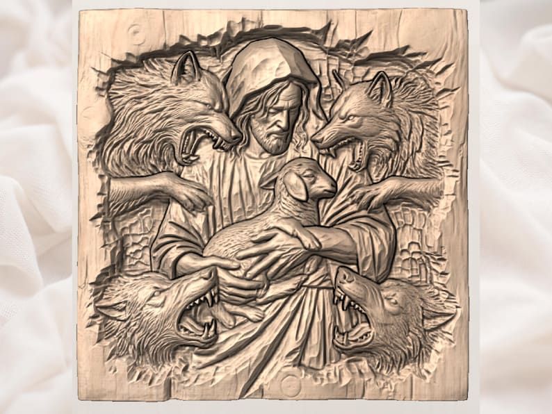 Good Shepherd Cradling a Lamb Among Snarling Wolves STL bas-relief STL — view 3