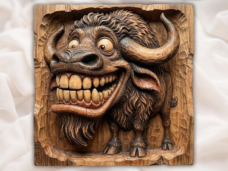 Carved wood relief of a goofy cartoon bison with bug eyes and a wide toothy grin in a chiseled frame
