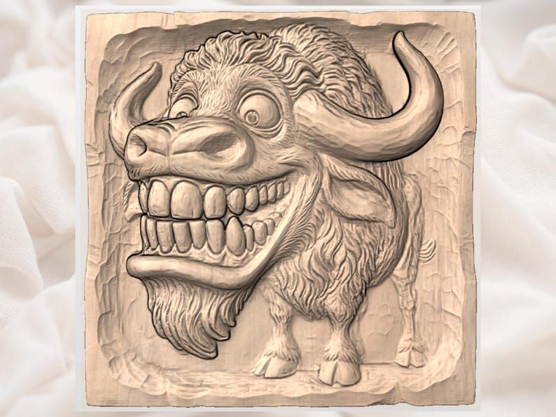 Grinning Cartoon Bison STL Relief with Giant Toothy Smile bas-relief STL — view 2
