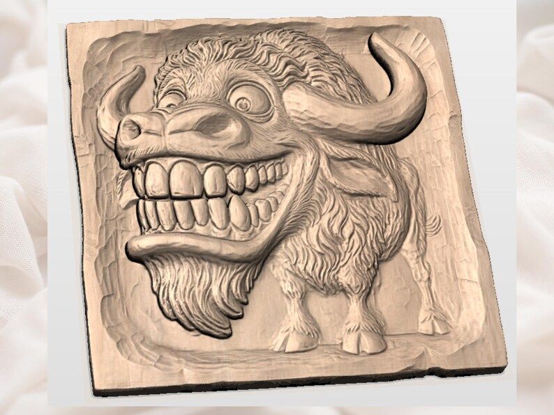 Grinning Cartoon Bison STL Relief with Giant Toothy Smile bas-relief STL — view 3
