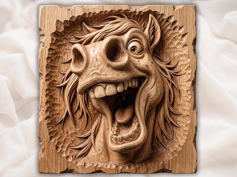 Bas-relief wood carving of a goofy horse face with wide eyes, open mouth, big teeth, and flowing mane