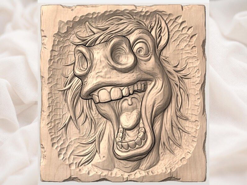 Wild-Eyed Goofy Horse Face Bas-Relief STL Carving bas-relief STL — view 3