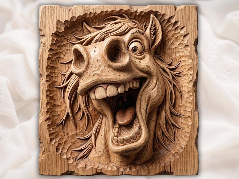 Wild-Eyed Goofy Horse Face Bas-Relief STL Carving bas-relief STL design
