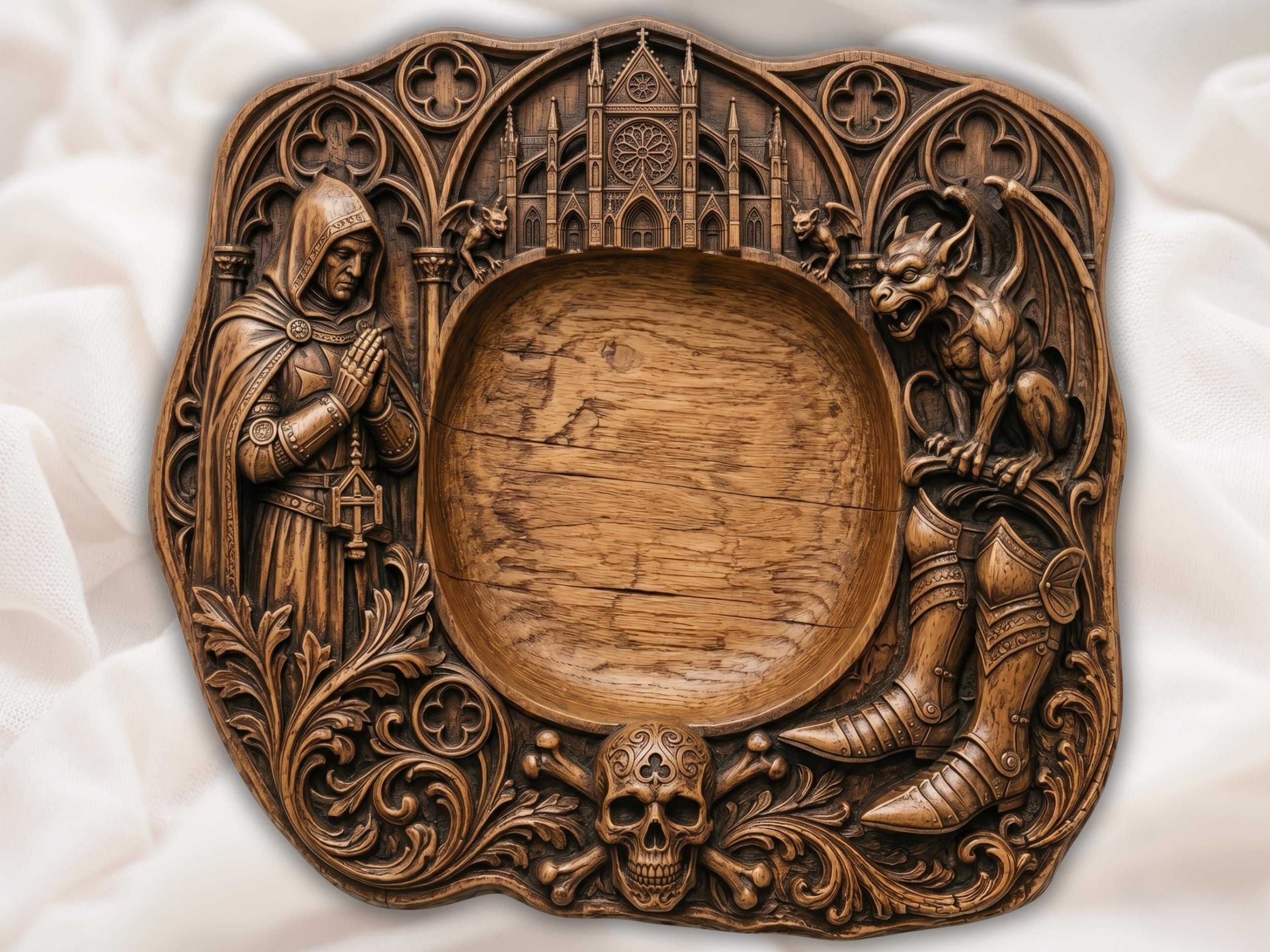 Carved wooden platter with Gothic cathedral, gargoyles, and a skull over crossbones around a recessed bowl