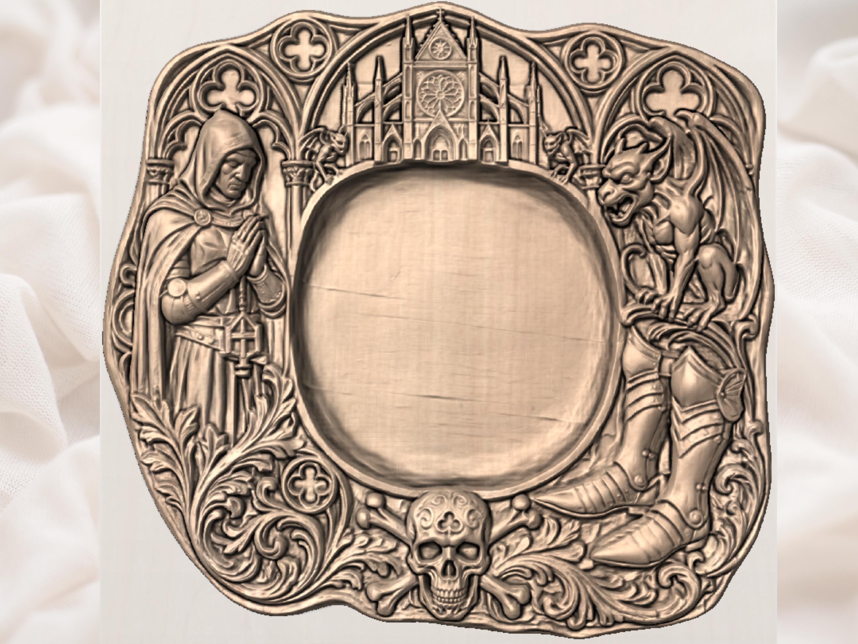 Gothic Cathedral Platter with Skull and Gargoyles STL Relief bas-relief STL — view 2