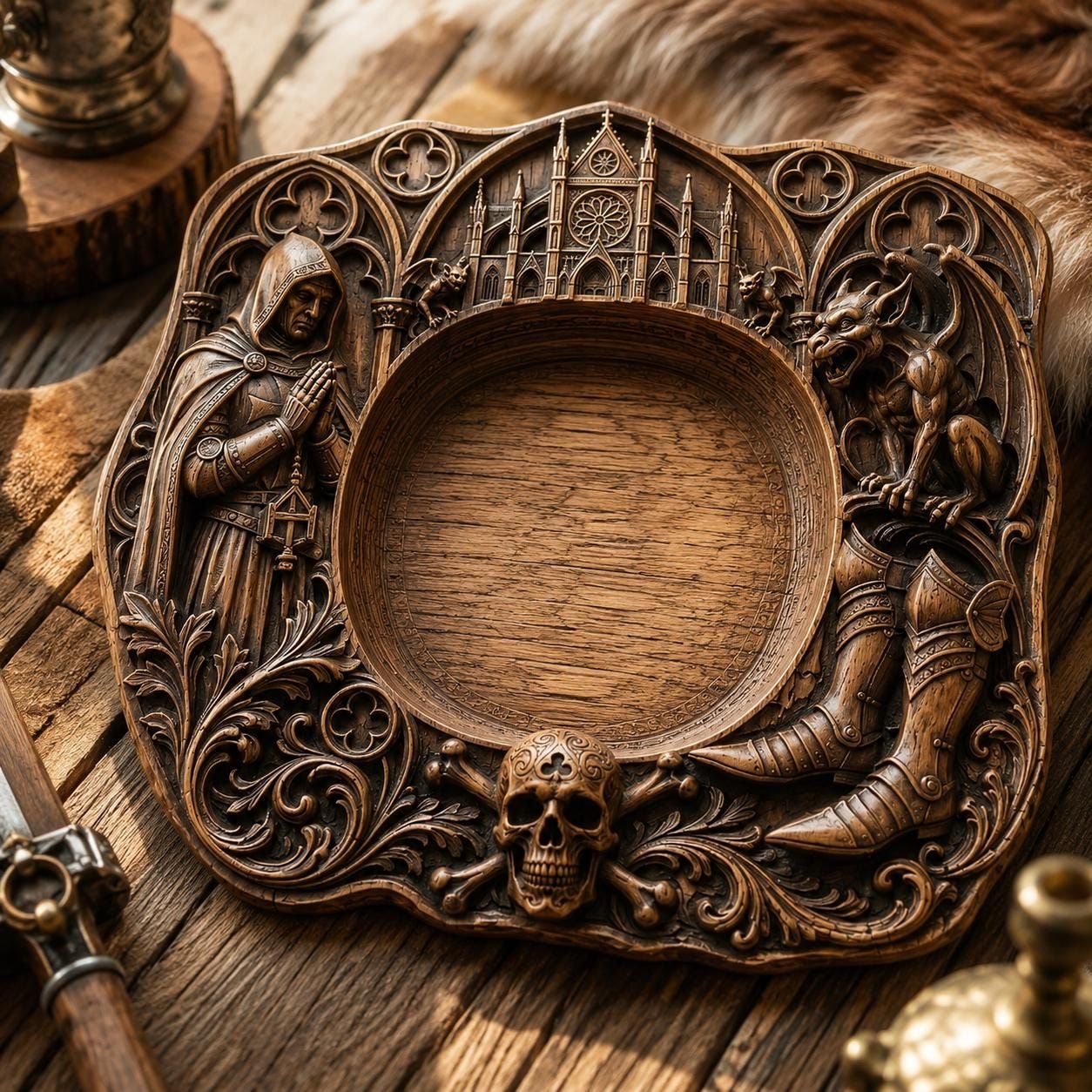 Gothic Cathedral Platter with Skull and Gargoyles STL Relief bas-relief STL — view 3