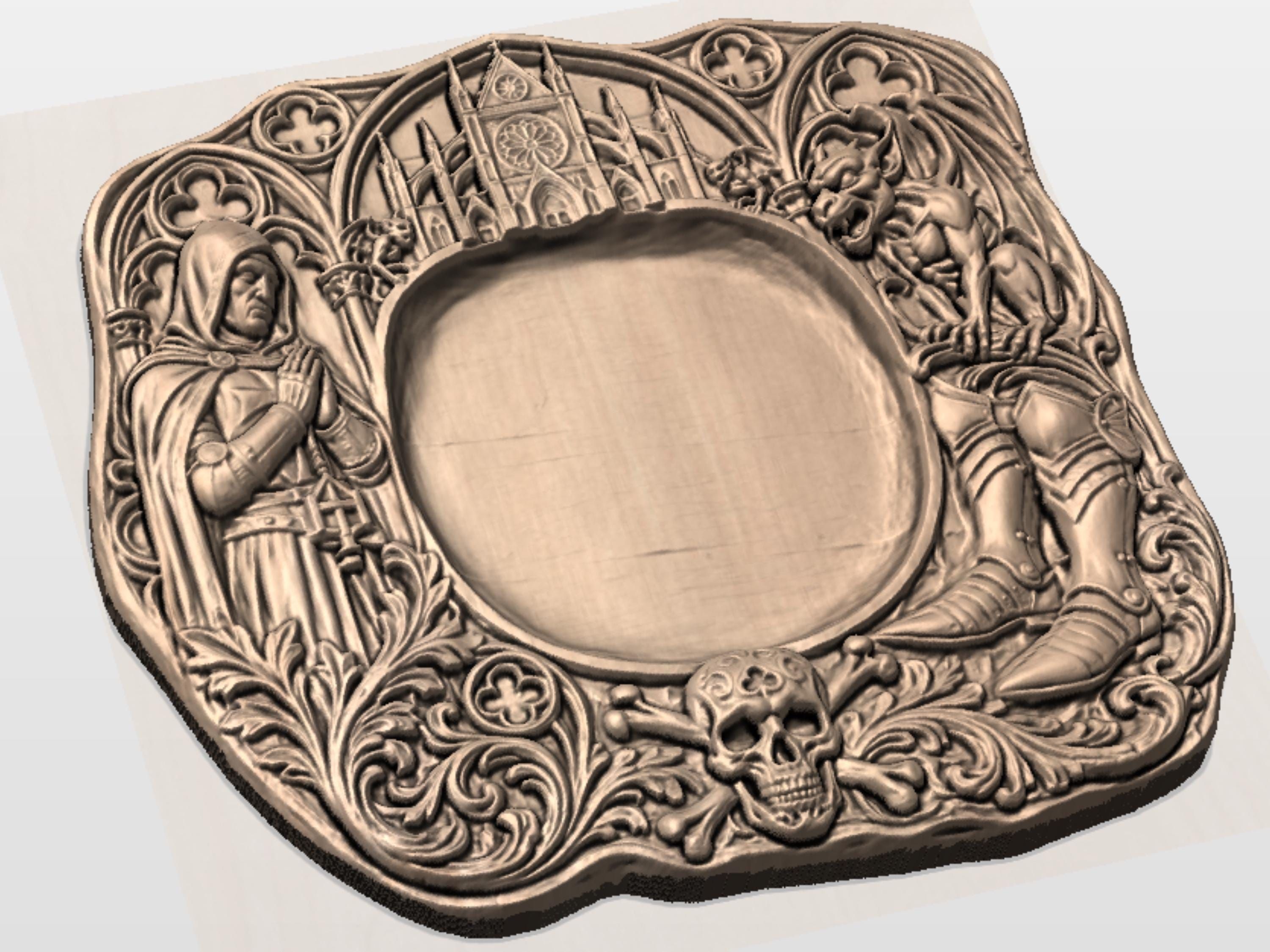 Gothic Cathedral Platter with Skull and Gargoyles STL Relief bas-relief STL — view 4