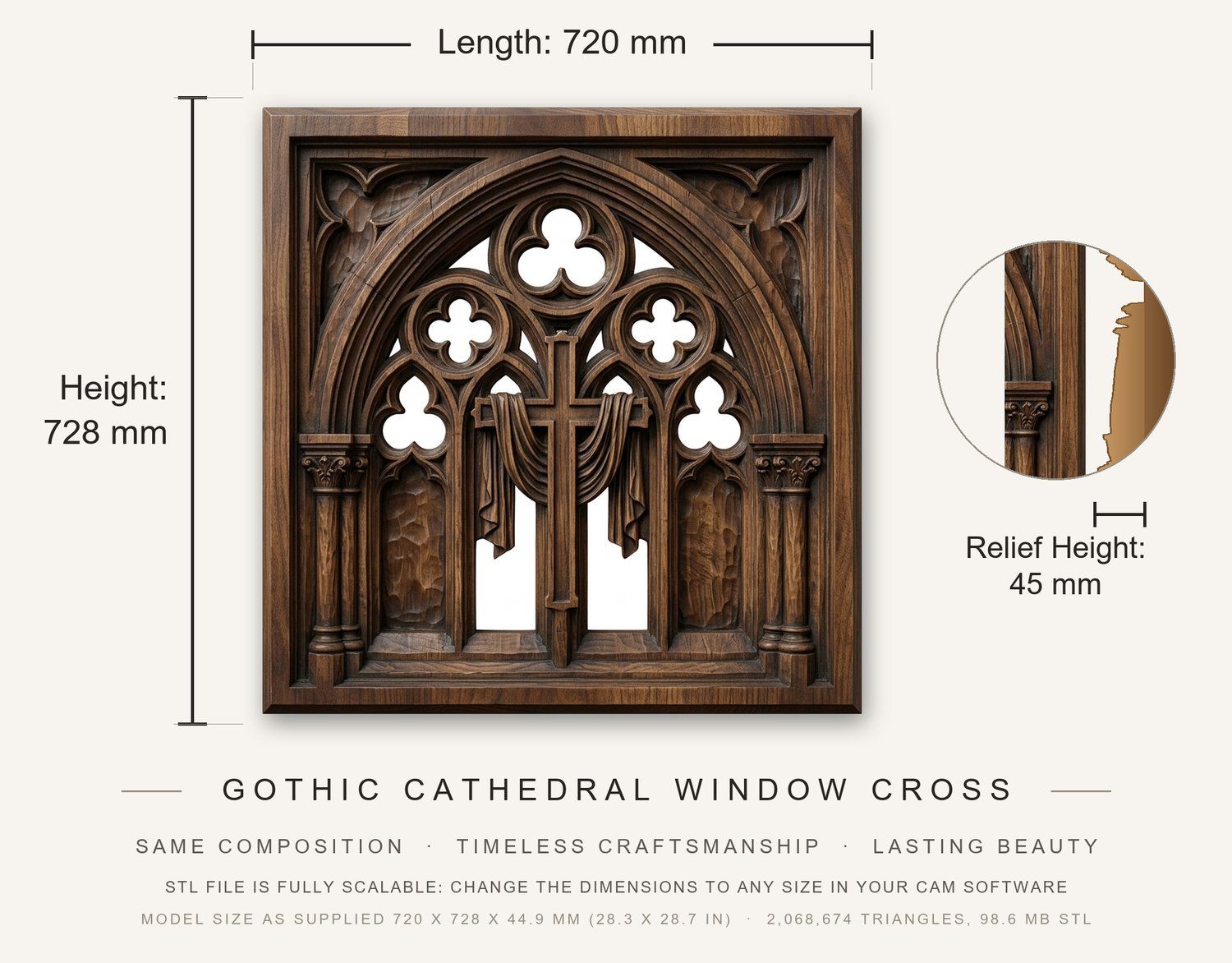 Gothic Cathedral Window Cross CNC Relief STL bas-relief STL — view 3